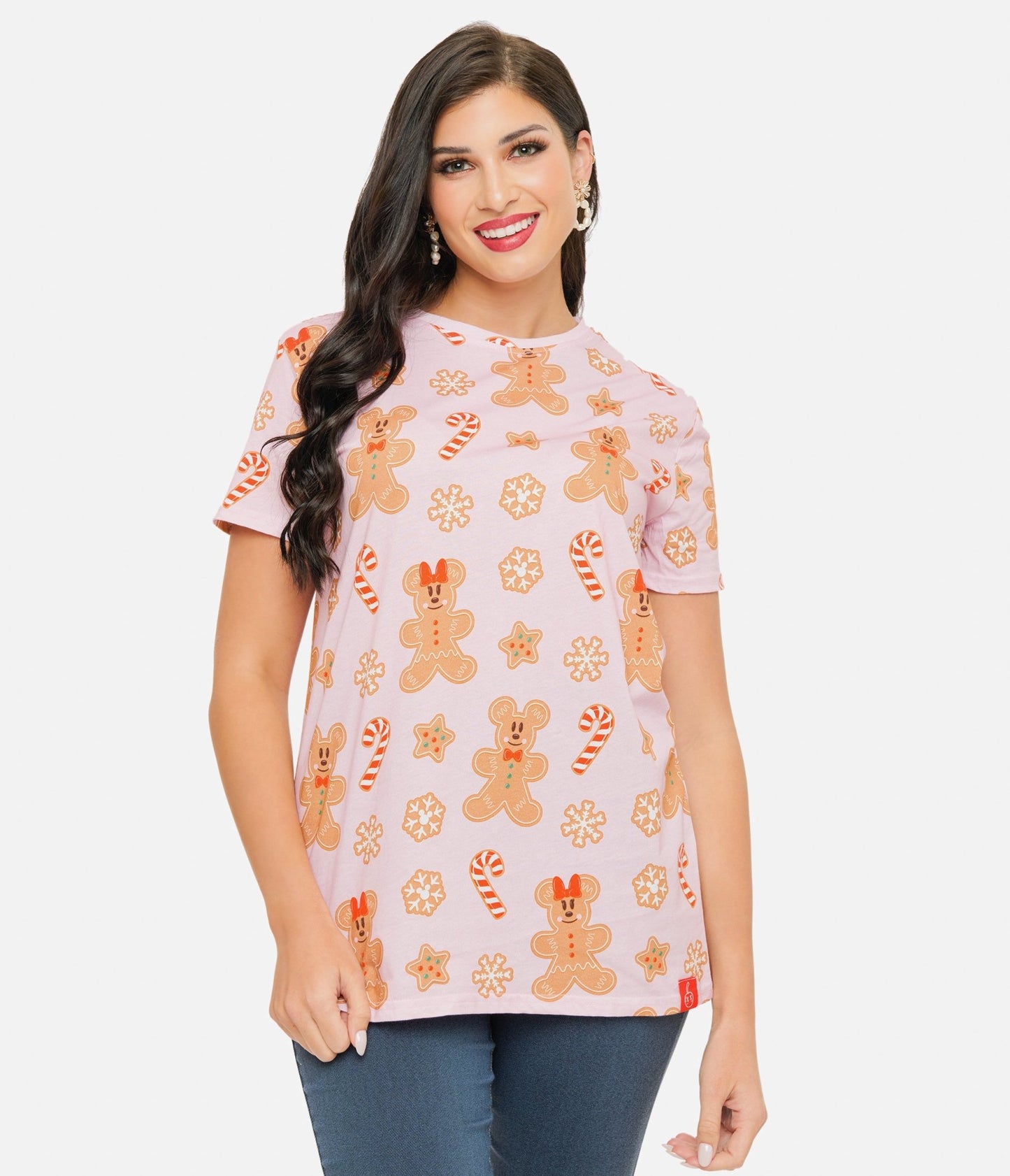 Cakeworthy Pink Mickey & Minnie Gingerbread All Over Print Graphic Tee - Unique Vintage - Womens, GRAPHIC TEES, TEES