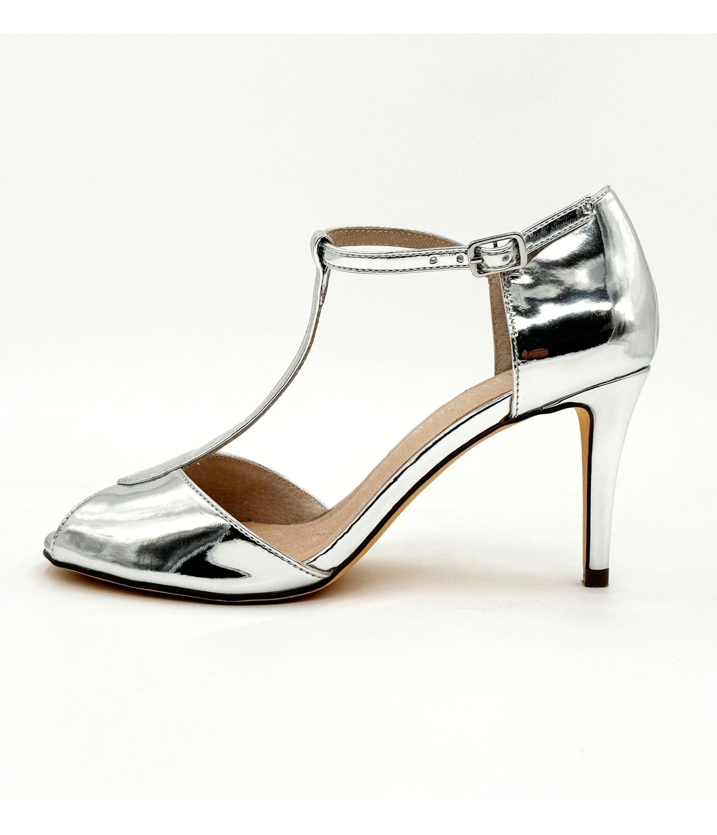 Chelsea Crew Metallic Silver T - Strap Blondie Heels - Unique Vintage - Womens, SHOES, HEELS
