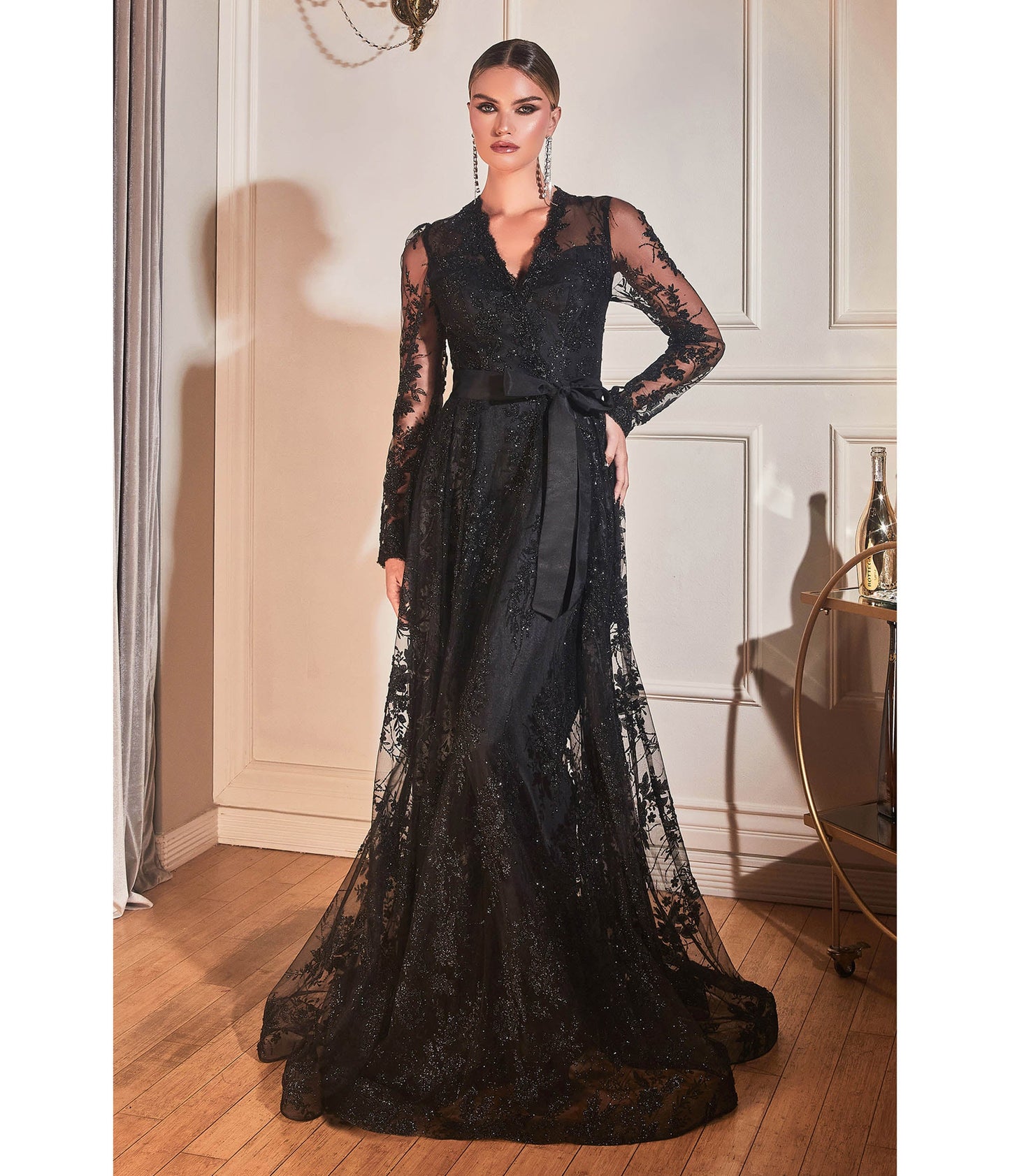 Cinderella Divine Black Long Sleeve Prom Gown - Unique Vintage - Womens, DRESSES, PROM AND SPECIAL OCCASION