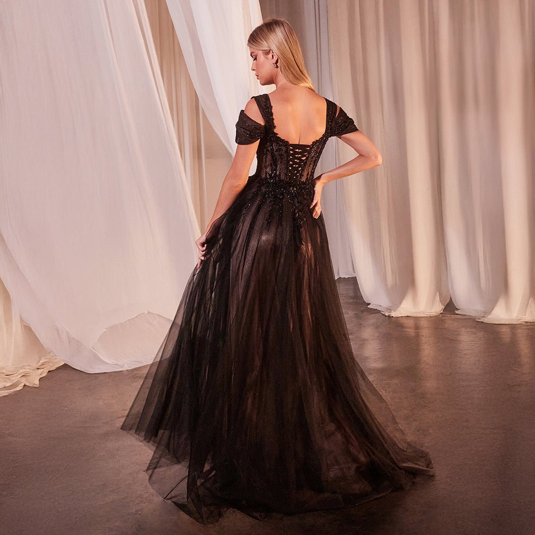 Cinderella Divine Black & Nude Applique Cold Shoulder A-Line Prom Dress - Unique Vintage - Womens, DRESSES, SPECIAL OCCASION