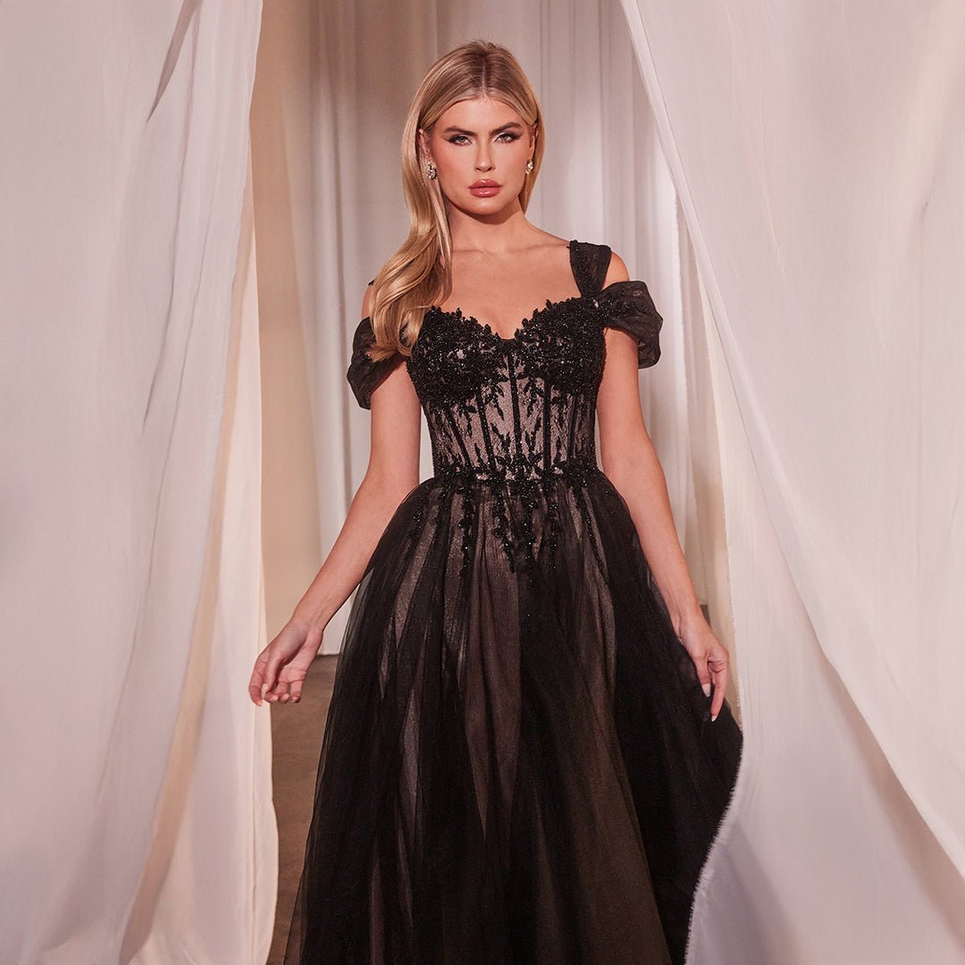 Cinderella Divine Black & Nude Applique Cold Shoulder A-Line Prom Dress - Unique Vintage - Womens, DRESSES, SPECIAL OCCASION