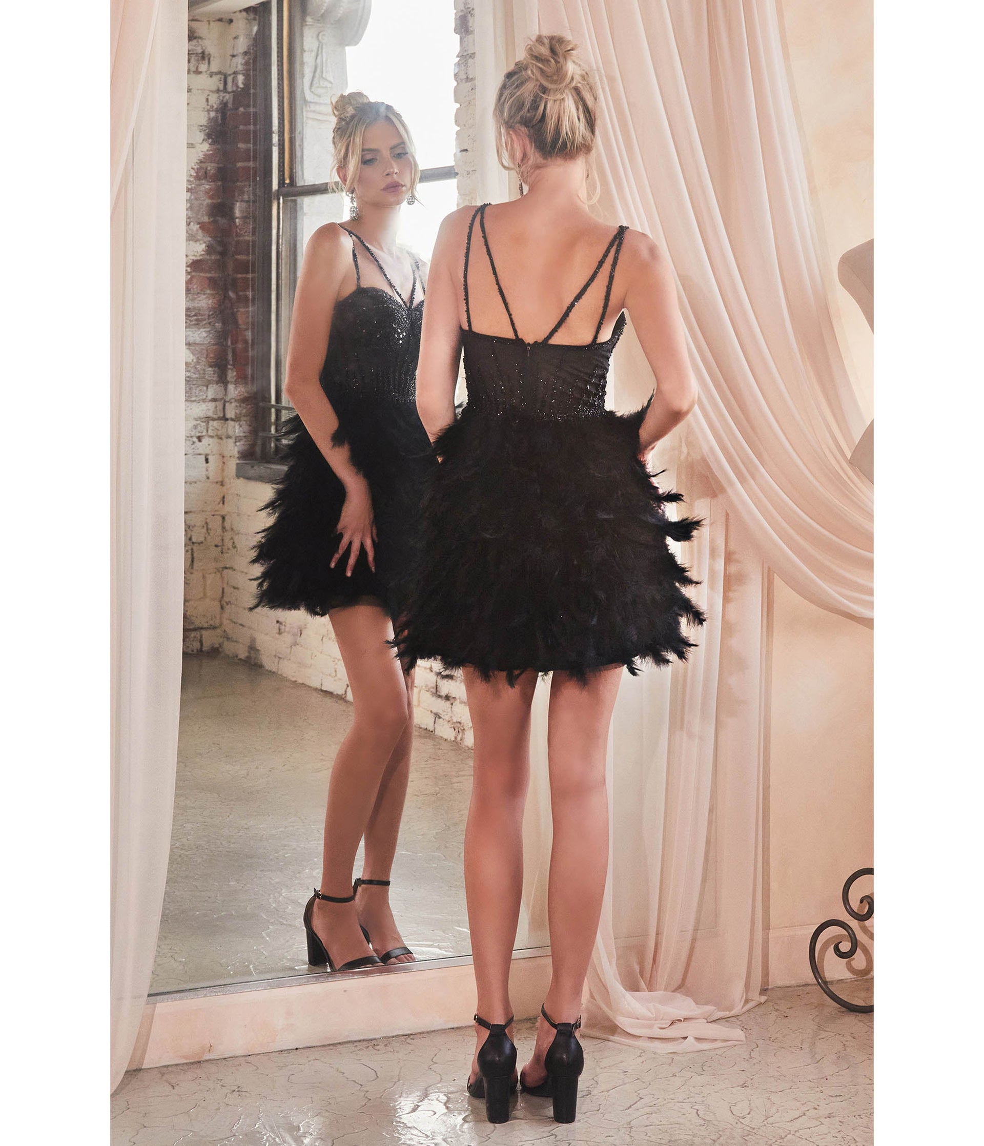 Cinderella Divine Black Short Feather Prom Dress - Unique Vintage - Womens, DRESSES, PROM AND SPECIAL OCCASION