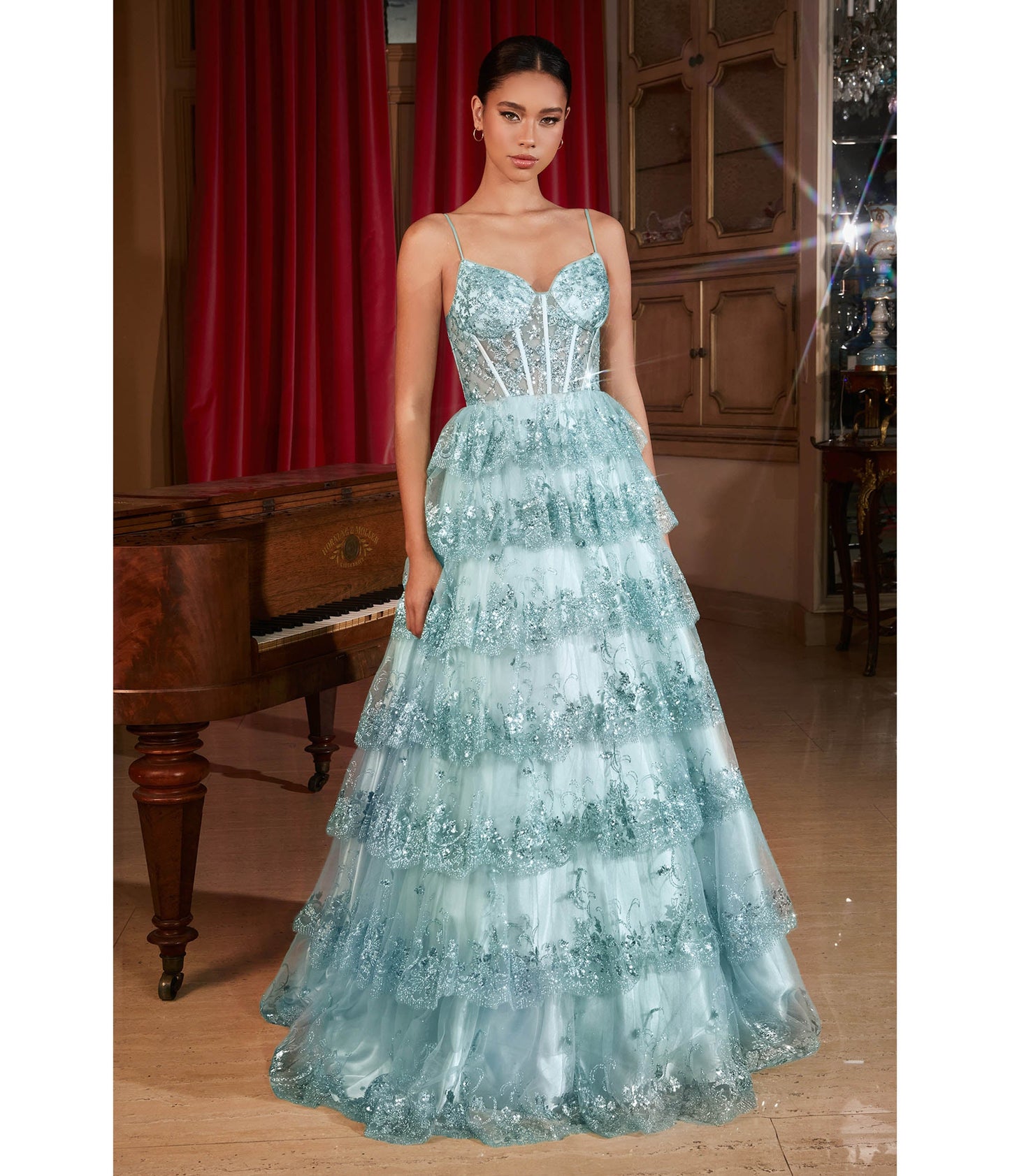 Cinderella Divine Blue Sparkle Tiered Prom Dress - Unique Vintage - Womens, DRESSES, PROM AND SPECIAL OCCASION