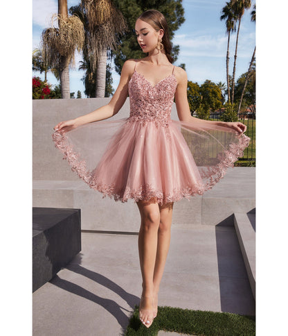 Cinderella Divine Blush Floral Lace Mini Homecoming Dress - Unique Vintage - Womens, DRESSES, PROM AND SPECIAL OCCASION