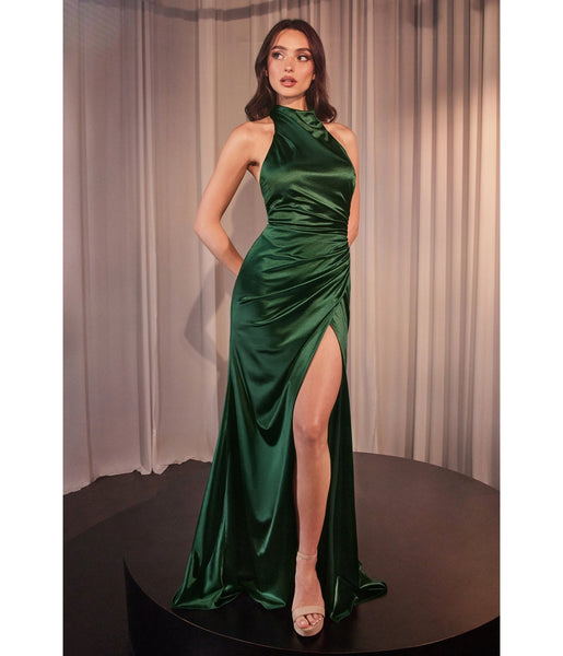 Ladivine by Cinderella Divine Deep Emerald Fitted Satin Halter Bridesm ...