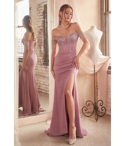 Cinderella Divine Dusty Rose Off Shoulder Crystal Fringe Prom Dress - Unique Vintage - Womens, DRESSES, PROM AND SPECIAL OCCASION