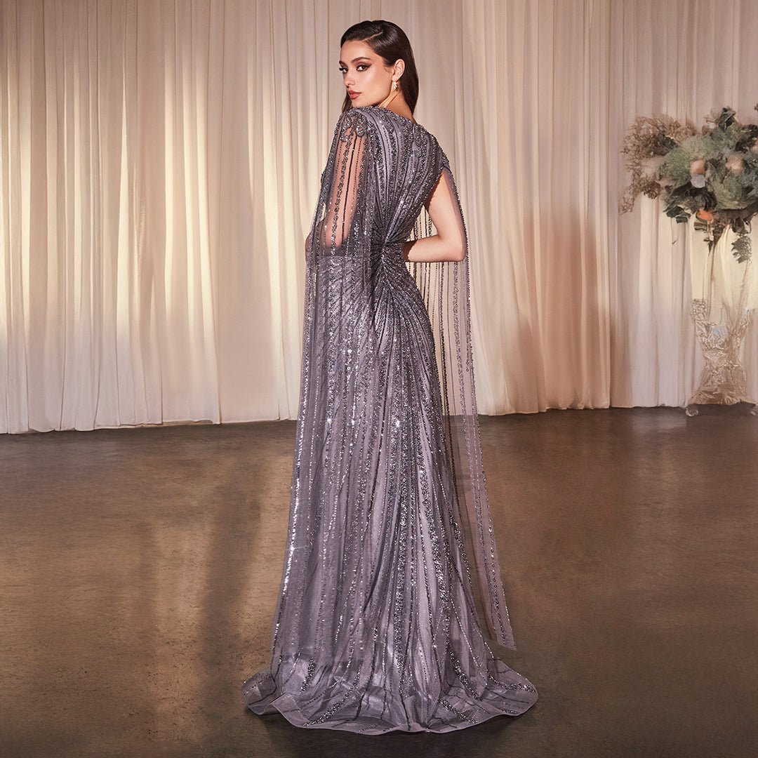 Cinderella Divine English Violet Beaded Cape Sleeve Slit Prom Dress - Unique Vintage - Womens, DRESSES, SPECIAL OCCASION