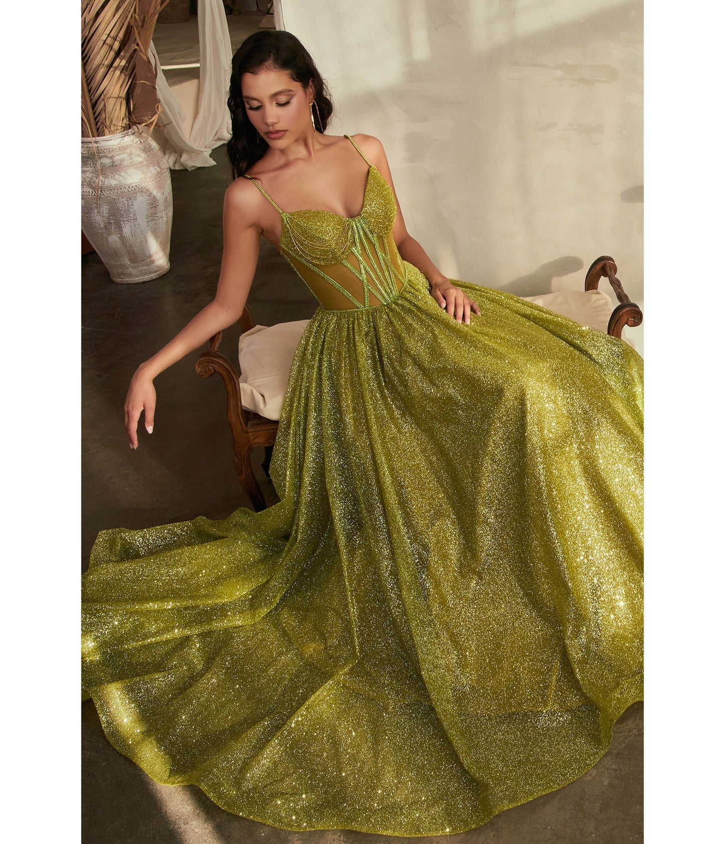 Cinderella Divine Greenery Corset Glitter Prom Gown - Unique Vintage - Womens, DRESSES, PROM AND SPECIAL OCCASION