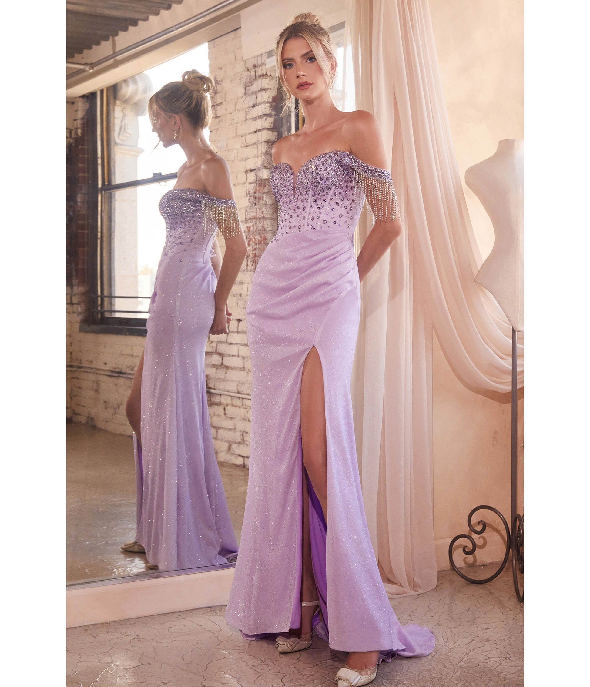 Cinderella Divine Lavender Off Shoulder Crystal Fringe Prom Dress - Unique Vintage - Womens, DRESSES, PROM AND SPECIAL OCCASION