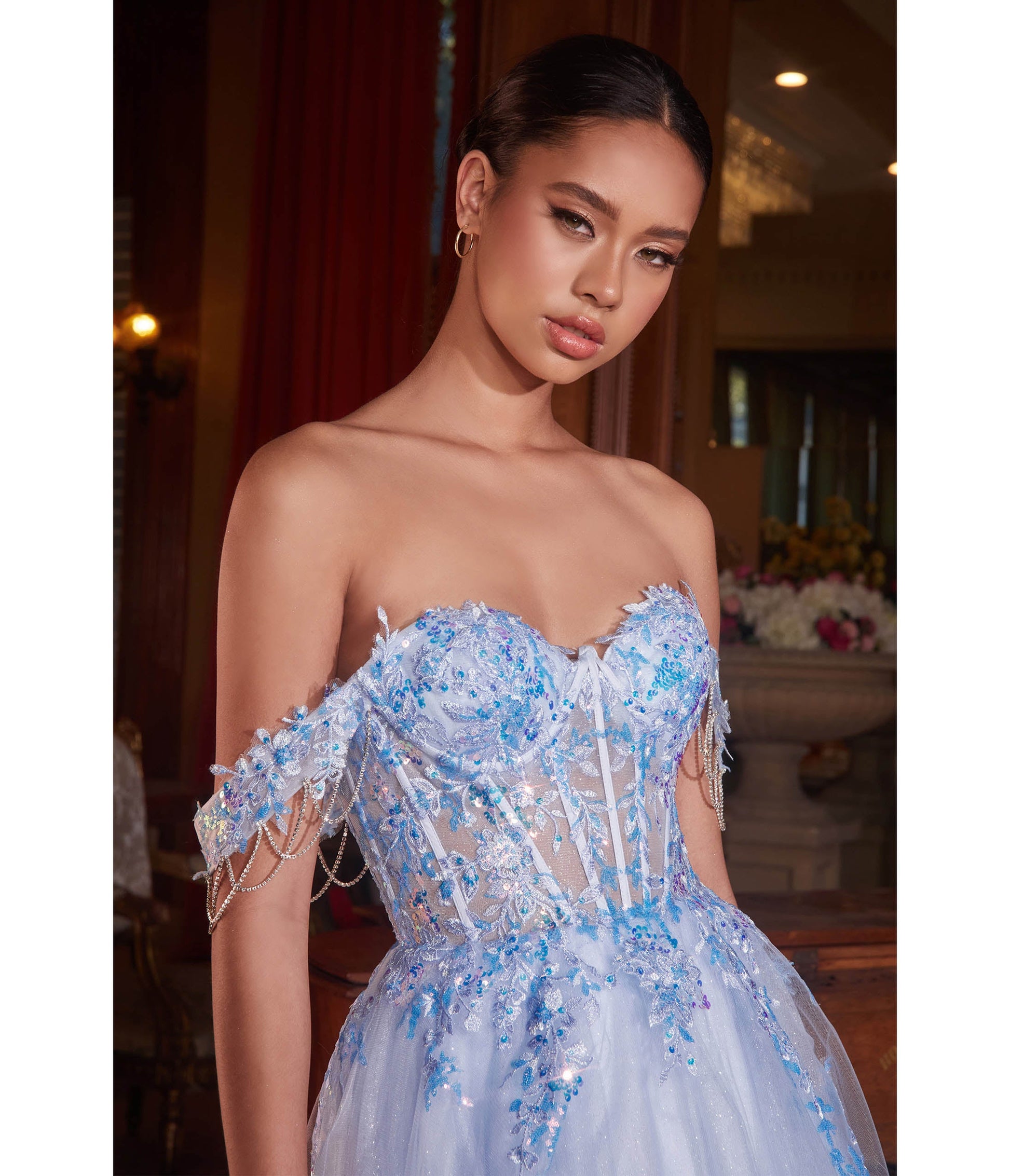 Cinderella Divine Light Blue Off Shoulder Sparkle Flower Prom Gown - Unique Vintage - Womens, DRESSES, PROM AND SPECIAL OCCASION