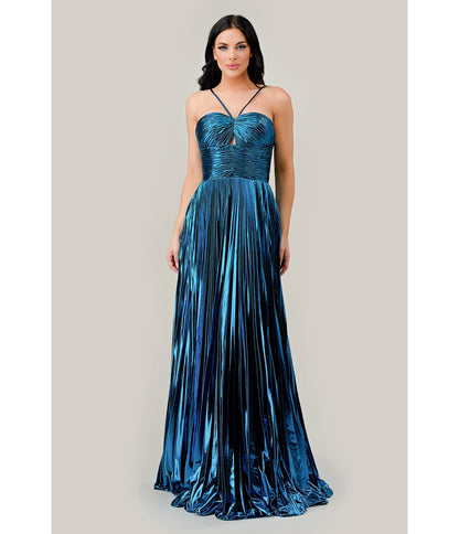 Cinderella Divine Metallic Blue Pleated Halter Prom Dress - Unique Vintage - Womens, DRESSES, PROM AND SPECIAL OCCASION