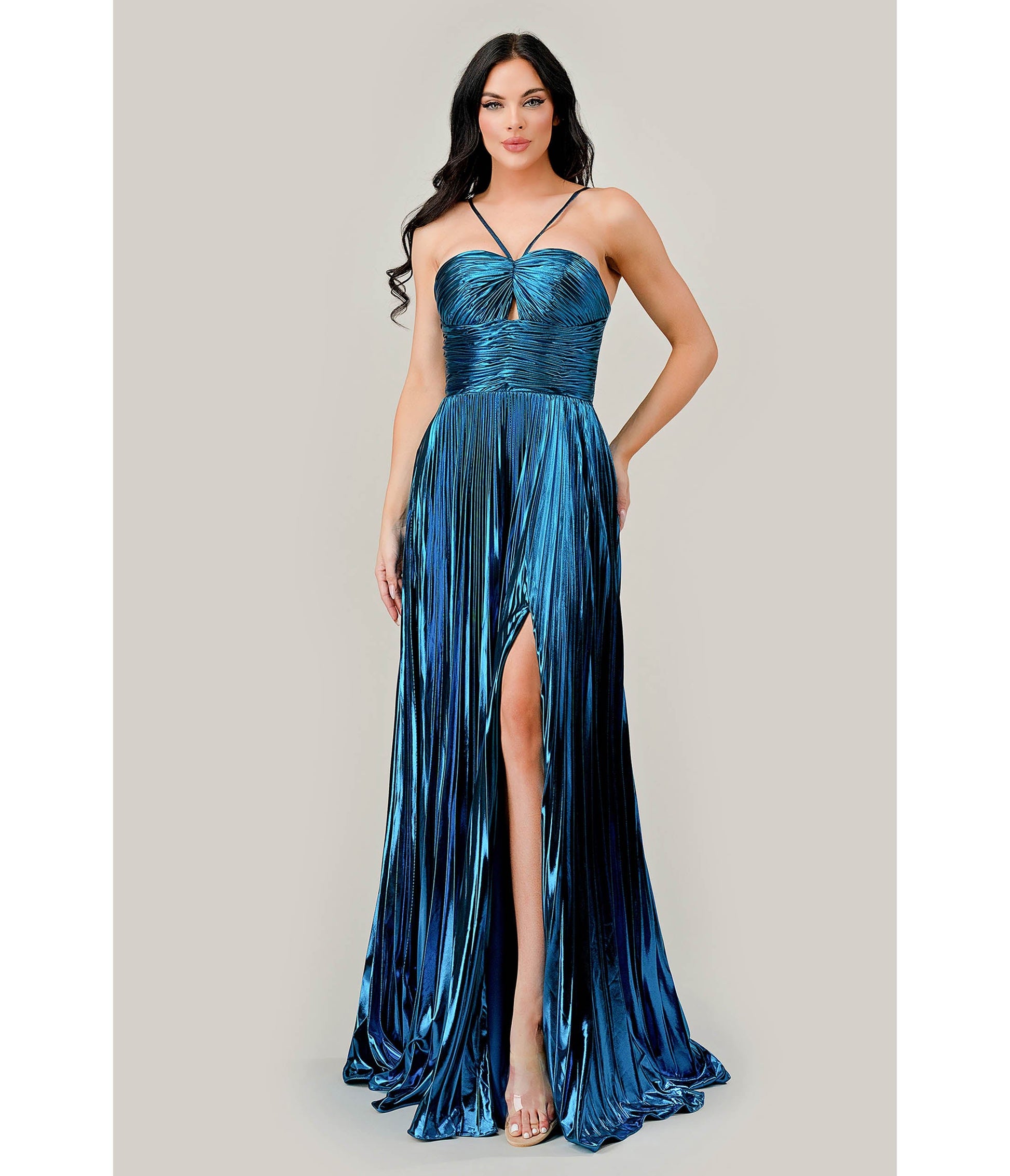 Cinderella Divine Metallic Blue Pleated Halter Prom Dress - Unique Vintage - Womens, DRESSES, PROM AND SPECIAL OCCASION