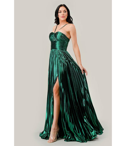 Cinderella Divine Metallic Emerald Pleated Halter Prom Dress - Unique Vintage - Womens, DRESSES, PROM AND SPECIAL OCCASION