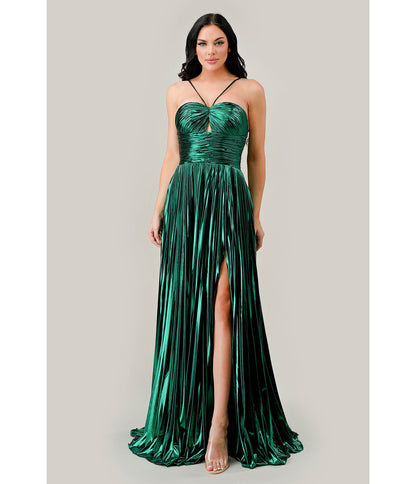 Cinderella Divine Metallic Emerald Pleated Halter Prom Dress - Unique Vintage - Womens, DRESSES, PROM AND SPECIAL OCCASION