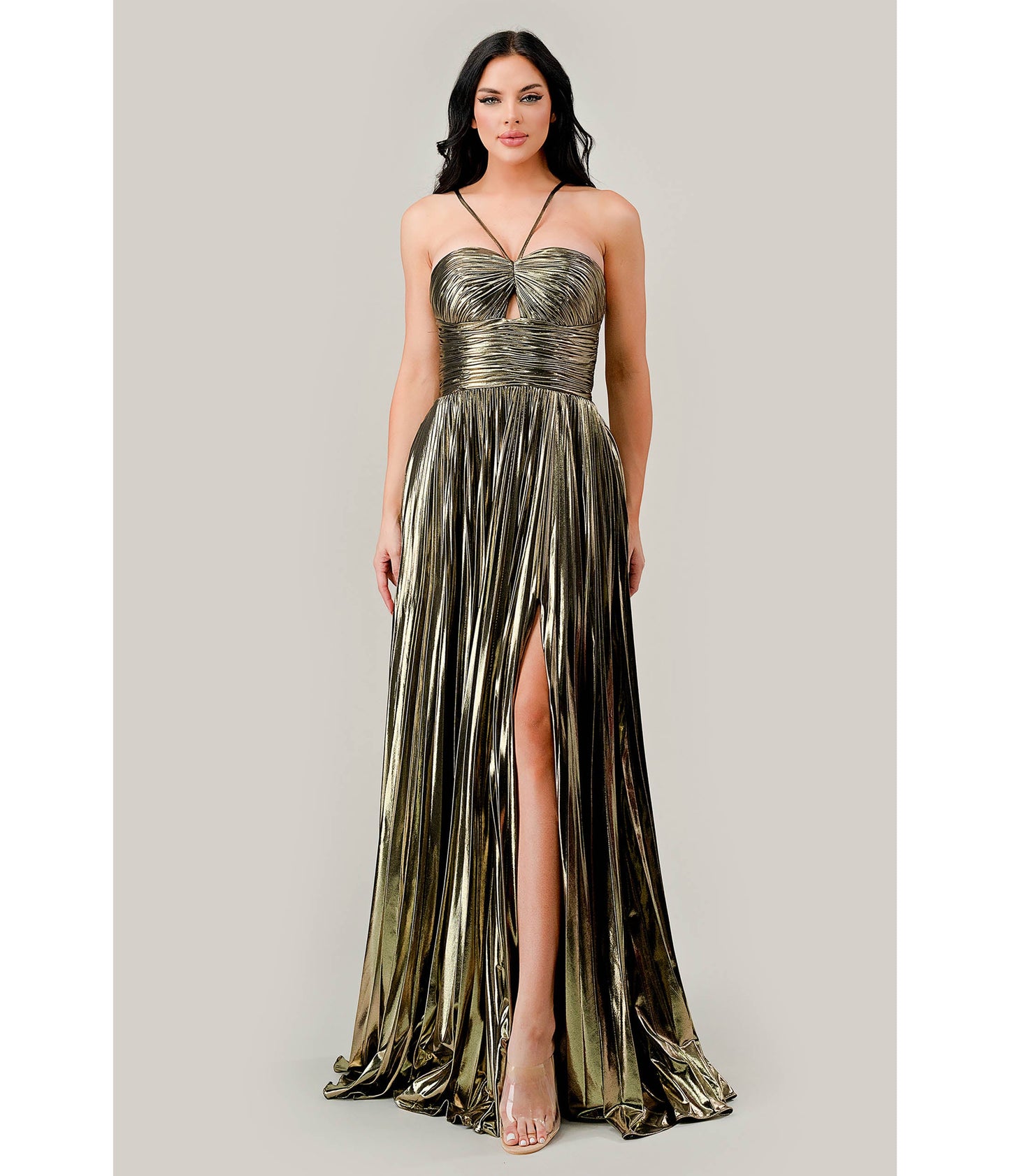 Cinderella Divine Metallic Gold Pleated Halter Prom Dress - Unique Vintage - Womens, DRESSES, PROM AND SPECIAL OCCASION