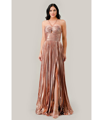 Cinderella Divine Metallic Rose Gold Pleated Halter Prom Dress - Unique Vintage - Womens, DRESSES, PROM AND SPECIAL OCCASION