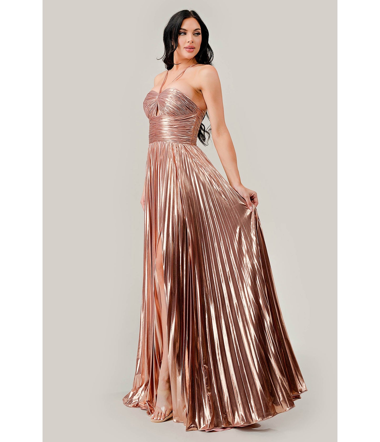 Cinderella Divine Metallic Rose Gold Pleated Halter Prom Dress - Unique Vintage - Womens, DRESSES, PROM AND SPECIAL OCCASION