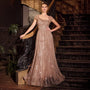 Ladivine by Cinderella Divine Mocha Gold Beaded Off Shoulder A-Line Prom Dress
