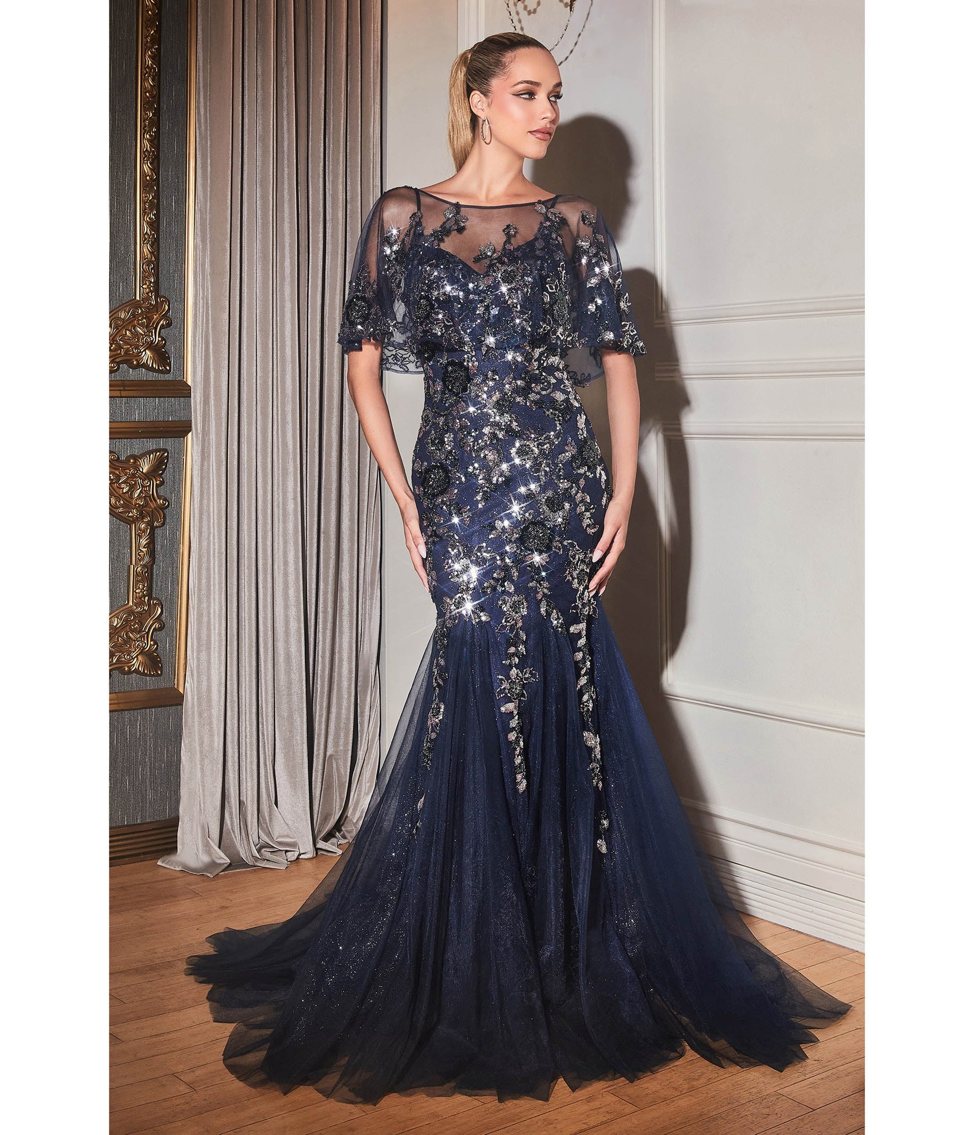 Cinderella Divine Navy Cape Prom Dress - Unique Vintage - Womens, DRESSES, PROM AND SPECIAL OCCASION