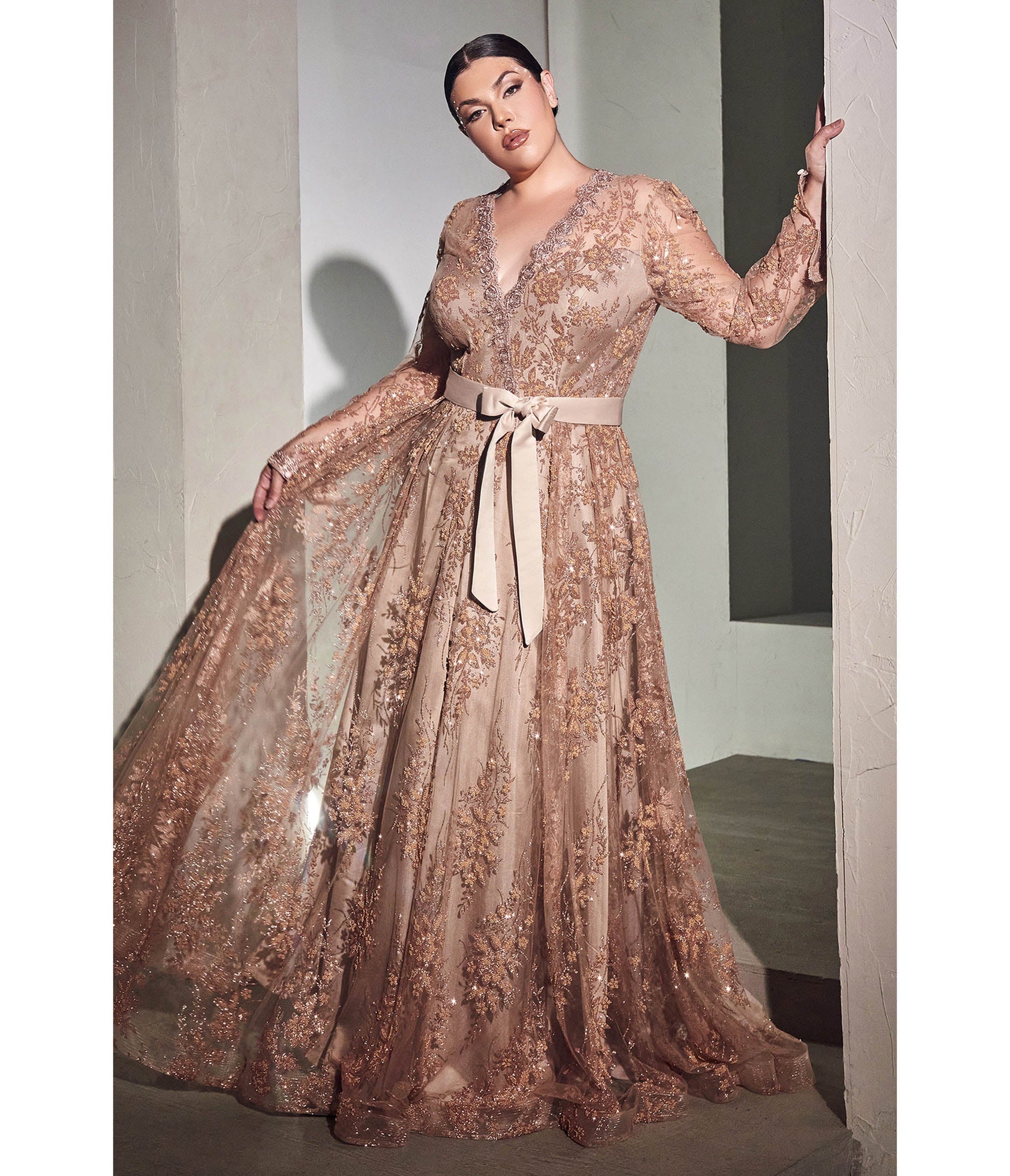 Cinderella Divine Plus Size Rose Gold Long Sleeve Prom Gown - Unique Vintage - Womens, DRESSES, PROM AND SPECIAL OCCASION