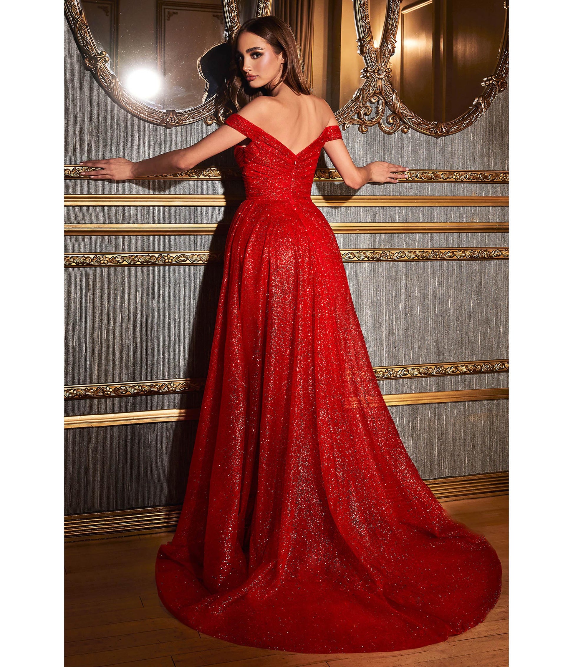 Cinderella Divine Red Off Shoulder Glitter Prom Gown - Unique Vintage - Womens, DRESSES, PROM AND SPECIAL OCCASION