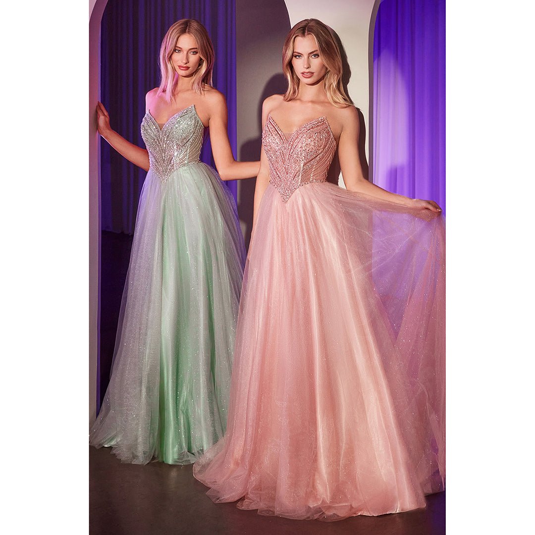 Cinderella Divine Sage Beaded Strapless Tulle Prom Dress - Unique Vintage - Womens, DRESSES, PROM AND SPECIAL OCCASION