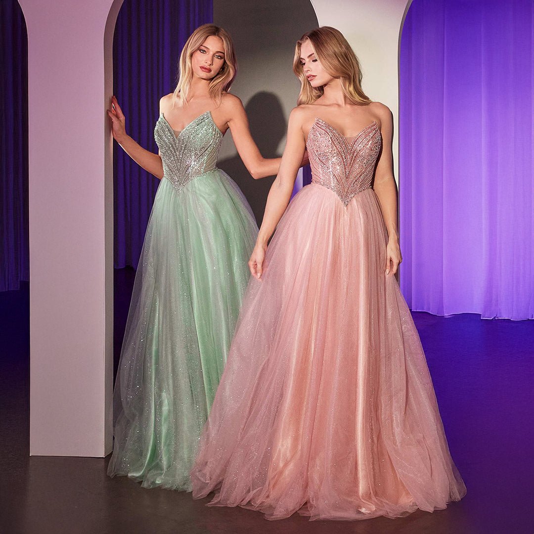 Cinderella Divine Sage Beaded Strapless Tulle Prom Dress - Unique Vintage - Womens, DRESSES, PROM AND SPECIAL OCCASION