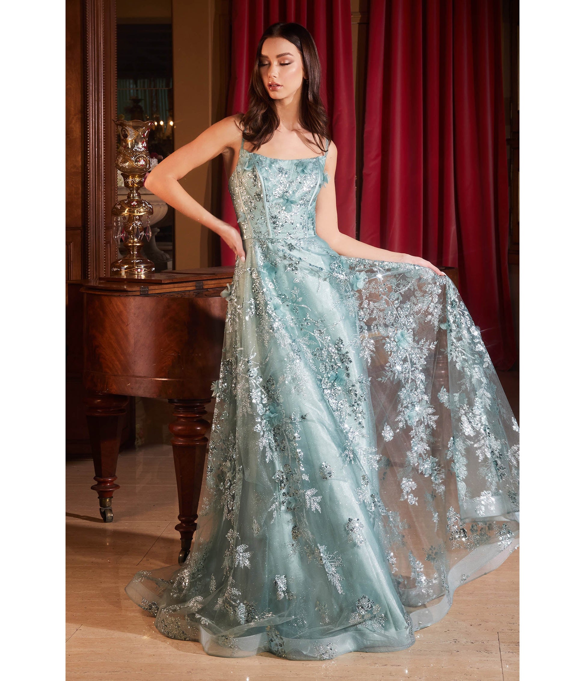 Cinderella Divine Sage Flower Sparkle Prom Gown - Unique Vintage - Womens, DRESSES, PROM AND SPECIAL OCCASION