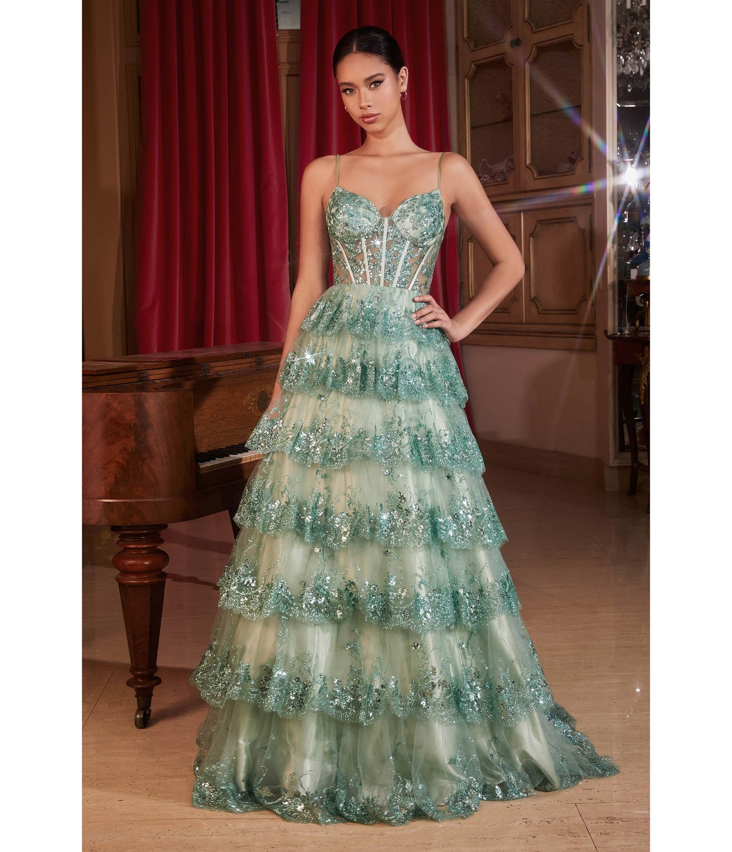 Cinderella Divine Sage Sparkle Tiered Prom Dress - Unique Vintage - Womens, DRESSES, PROM AND SPECIAL OCCASION