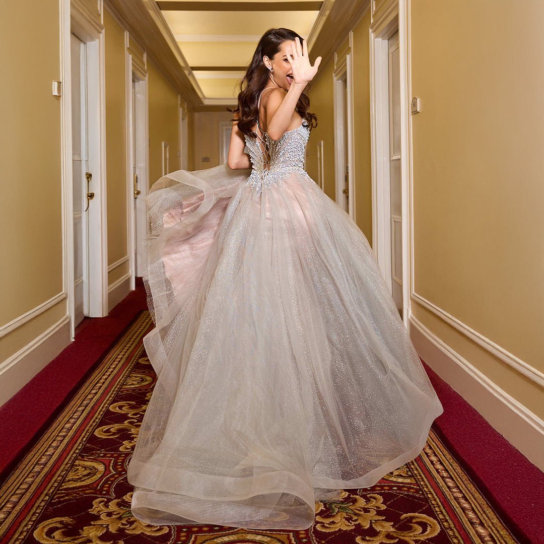 Cinderella Divine Silver Nude Pearl Beaded Sleeveless Prom Dress - Unique Vintage - Womens, DRESSES, PROM & SPECIAL OCCASION