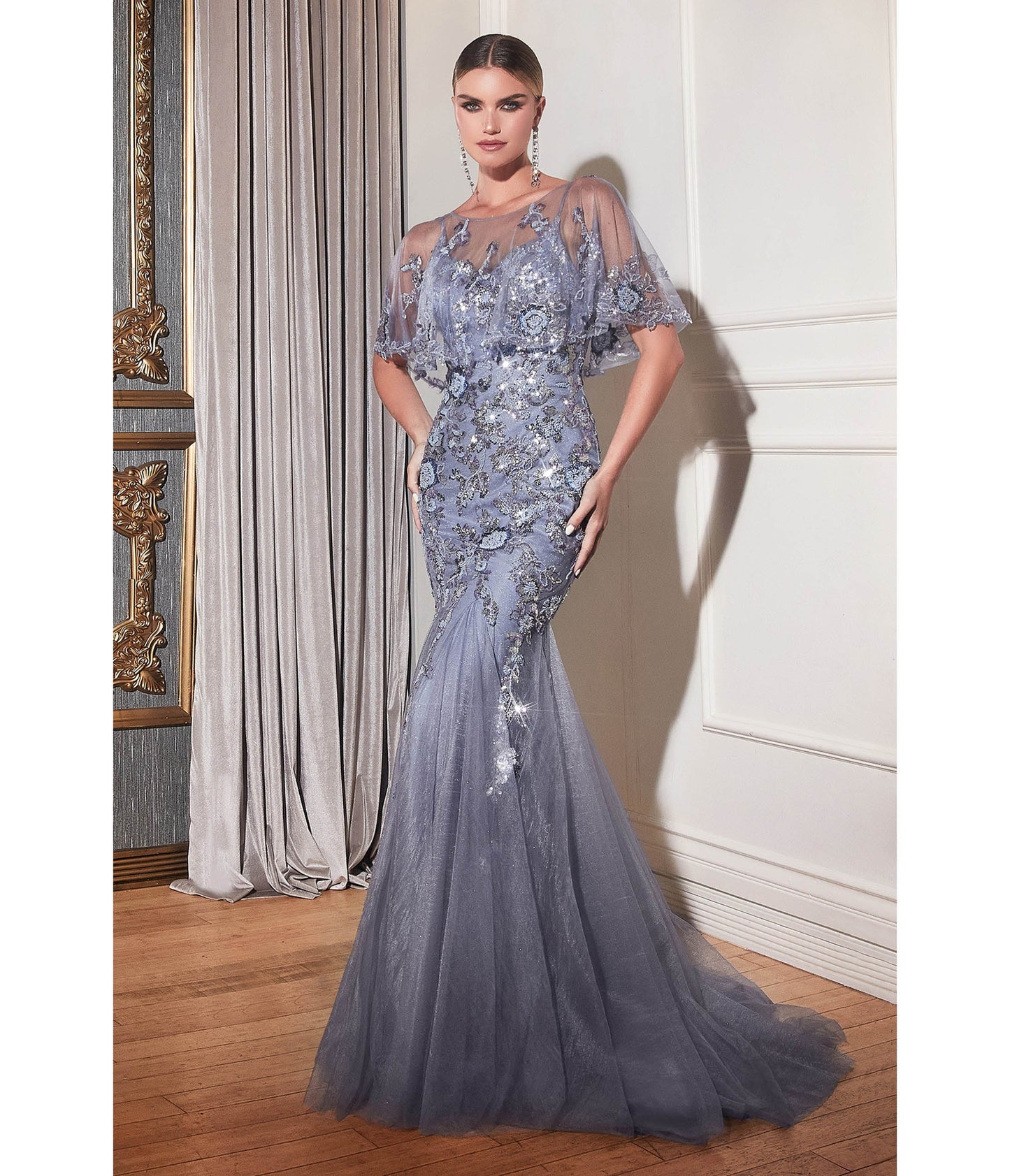 Cinderella Divine Smoky Blue Cape Prom Dress - Unique Vintage - Womens, DRESSES, PROM AND SPECIAL OCCASION