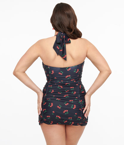 Collectif 1950s Black & Red Cherry Print Skirted Swimsuit - Unique Vintage - Womens, SWIM, 1 PC