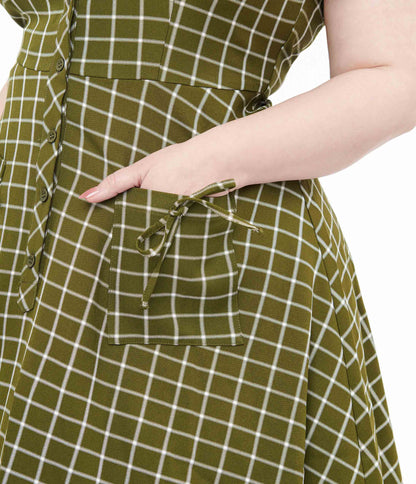 Collectif Plus Size Green & White Checked Liza Acres Swing Dress - Unique Vintage - Womens, DRESSES, SWING