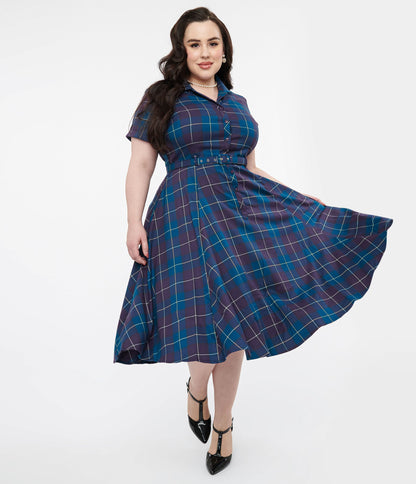 Collectif Plus Size Teal & Purple Checkered Caterina Swing Dress - Unique Vintage - Womens, DRESSES, SWING