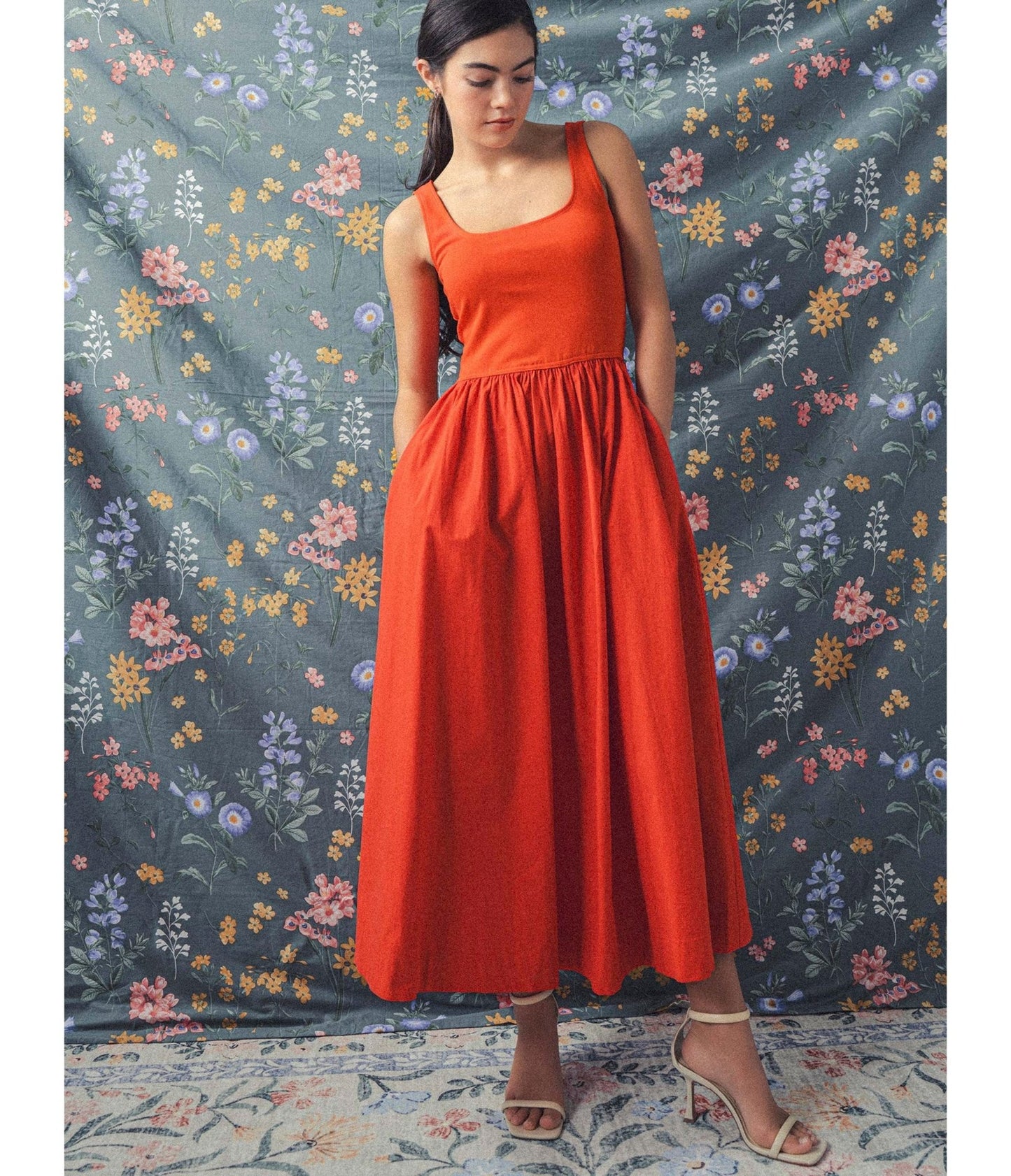 Coral Cotton One Way Tank Midi Dress - Unique Vintage - Womens, DRESSES, FIT AND FLARE