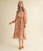 Cream & Floral Print Belted Midi Dress