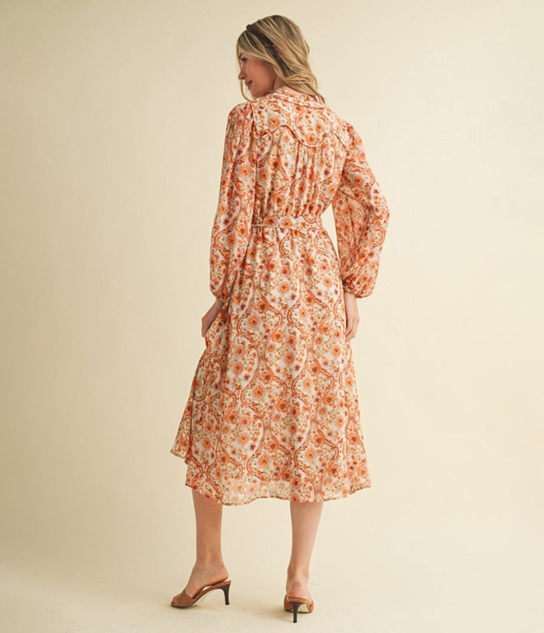 Cream & Floral Print Belted Midi Dress - Unique Vintage - Womens, DRESSES, MIDI