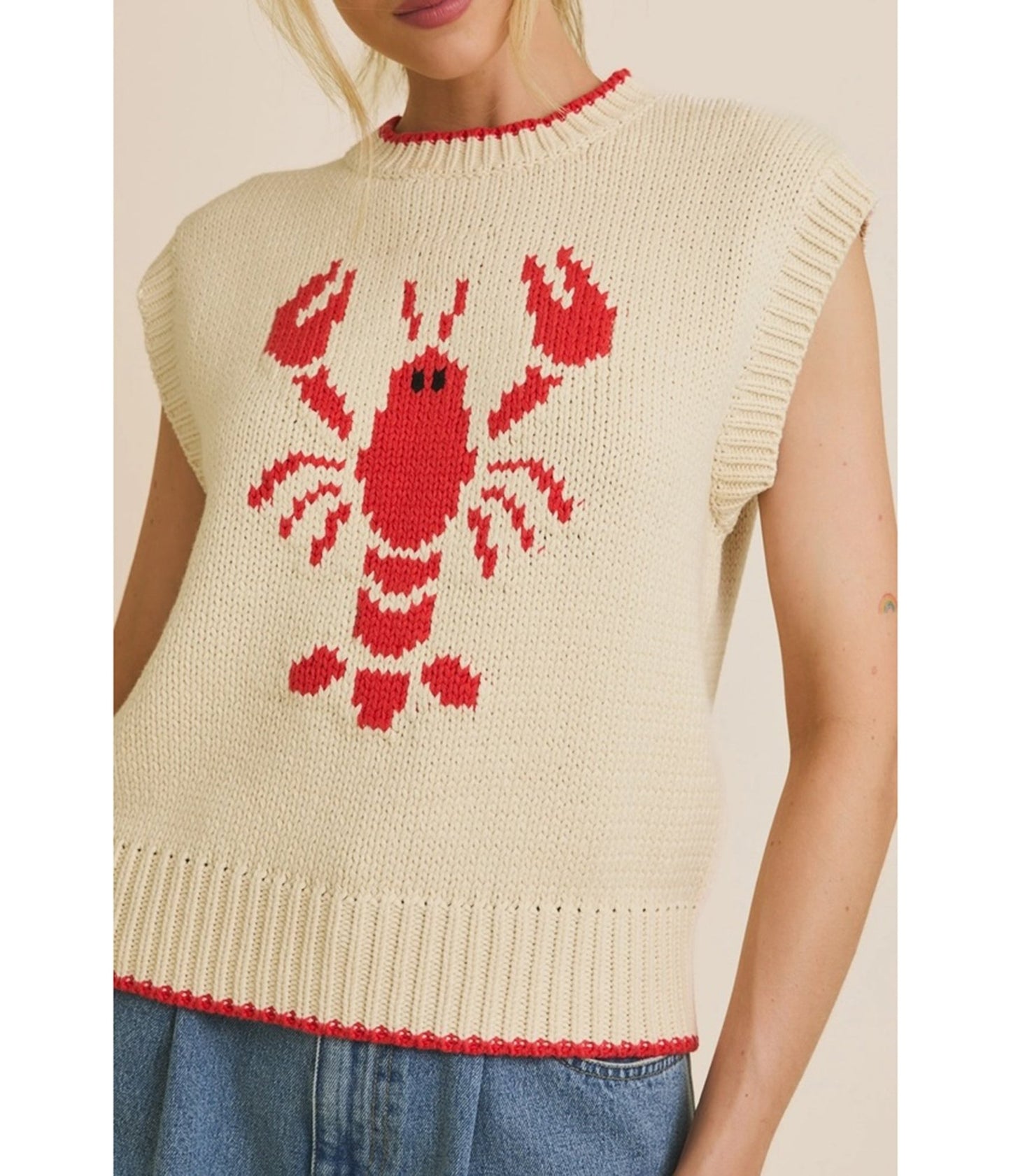 Cream & Red Lobster High Neck Sleeveless Sweater - Unique Vintage - Womens, TOPS, KNIT TOPS