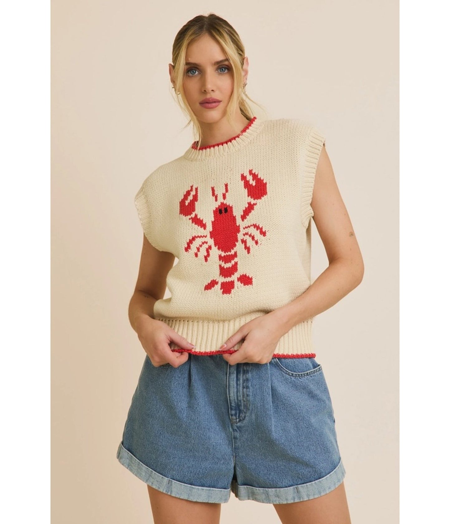 Cream & Red Lobster High Neck Sleeveless Sweater - Unique Vintage - Womens, TOPS, KNIT TOPS