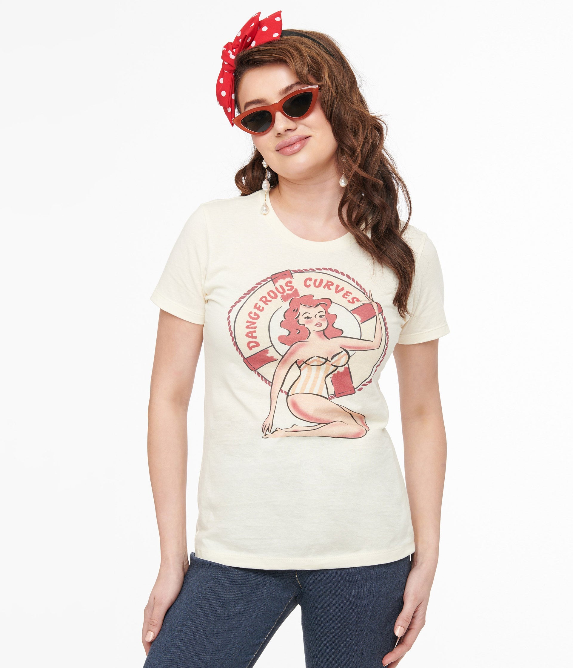 Dangerous Curves Cotton Graphic Fitted Tee - Unique Vintage - Womens, GRAPHIC TEES, TEES
