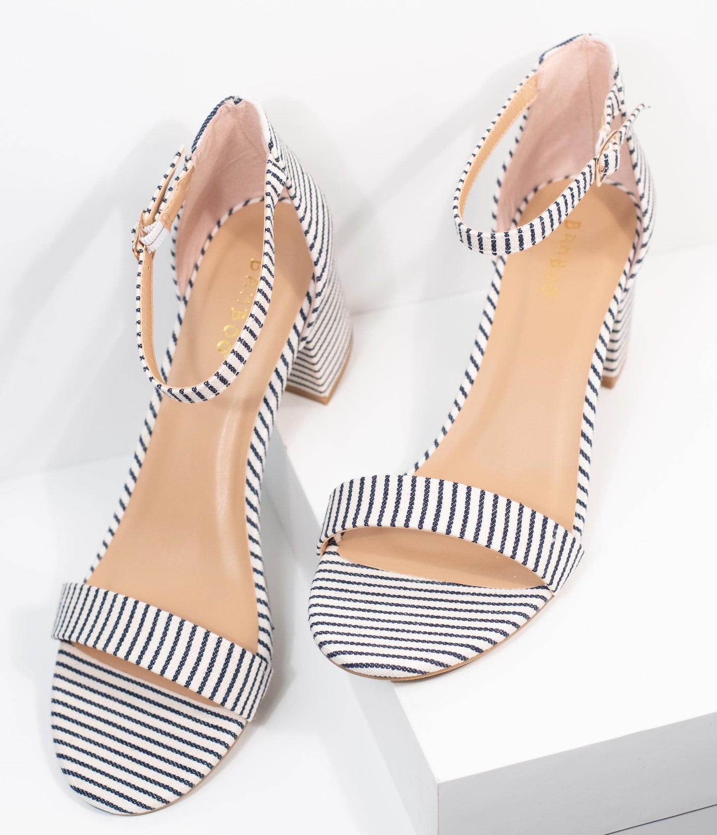 Dark Navy & White Stripe Textile Heel Sandals - Unique Vintage - Womens, SHOES, HEELS