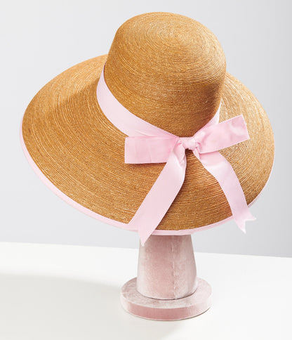 Dark Tan & Light Pink Ribbon Sun Hat - Unique Vintage - Womens, ACCESSORIES, HATS