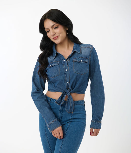 GB Cropped Jean Jacket distressed Frayed Zip Up No Collar
