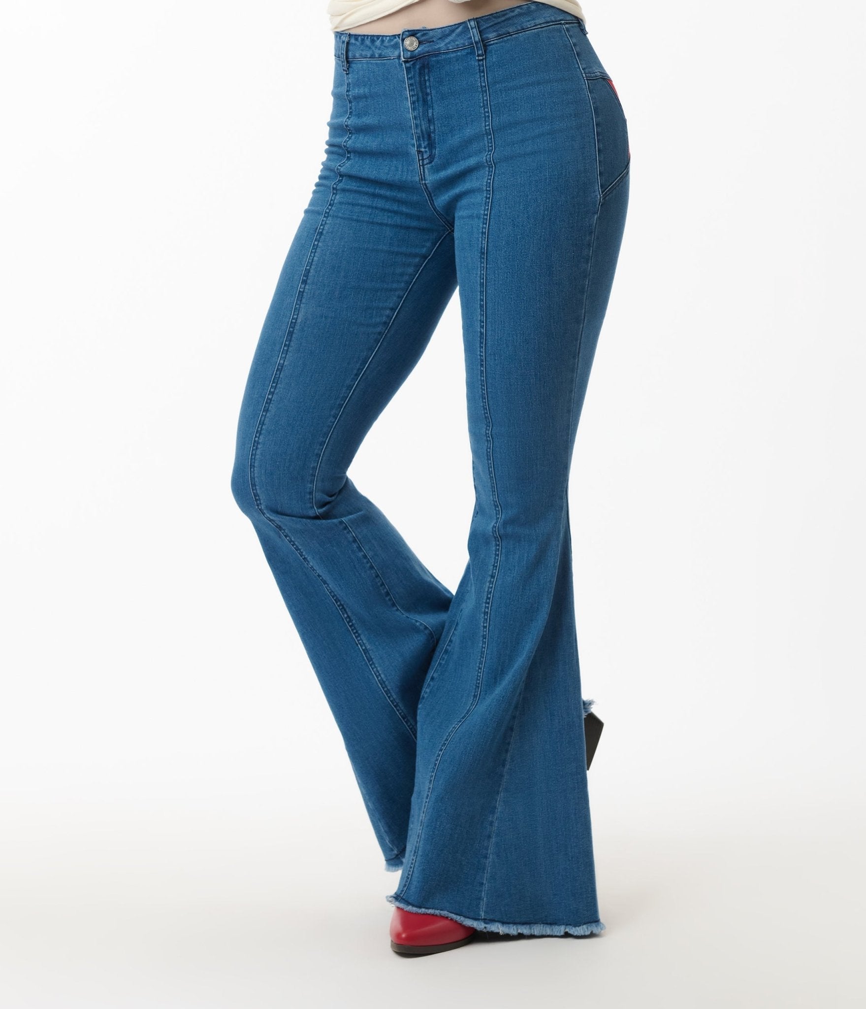 Denim & Red Suede Stars Flare Jeans - Unique Vintage - Womens, BOTTOMS, PANTS