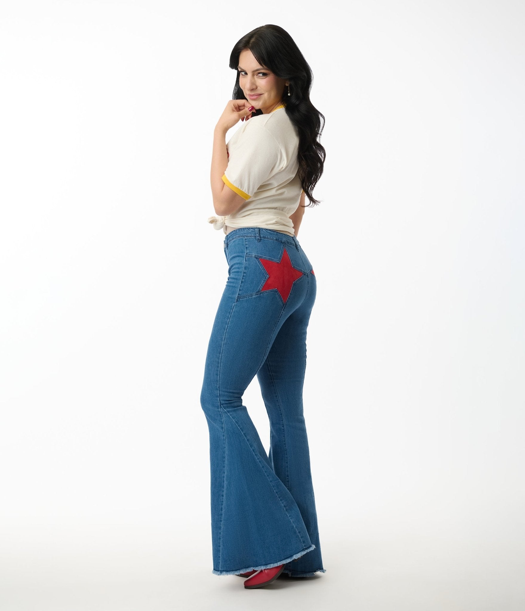 Denim & Red Suede Stars Flare Jeans - Unique Vintage - Womens, BOTTOMS, PANTS
