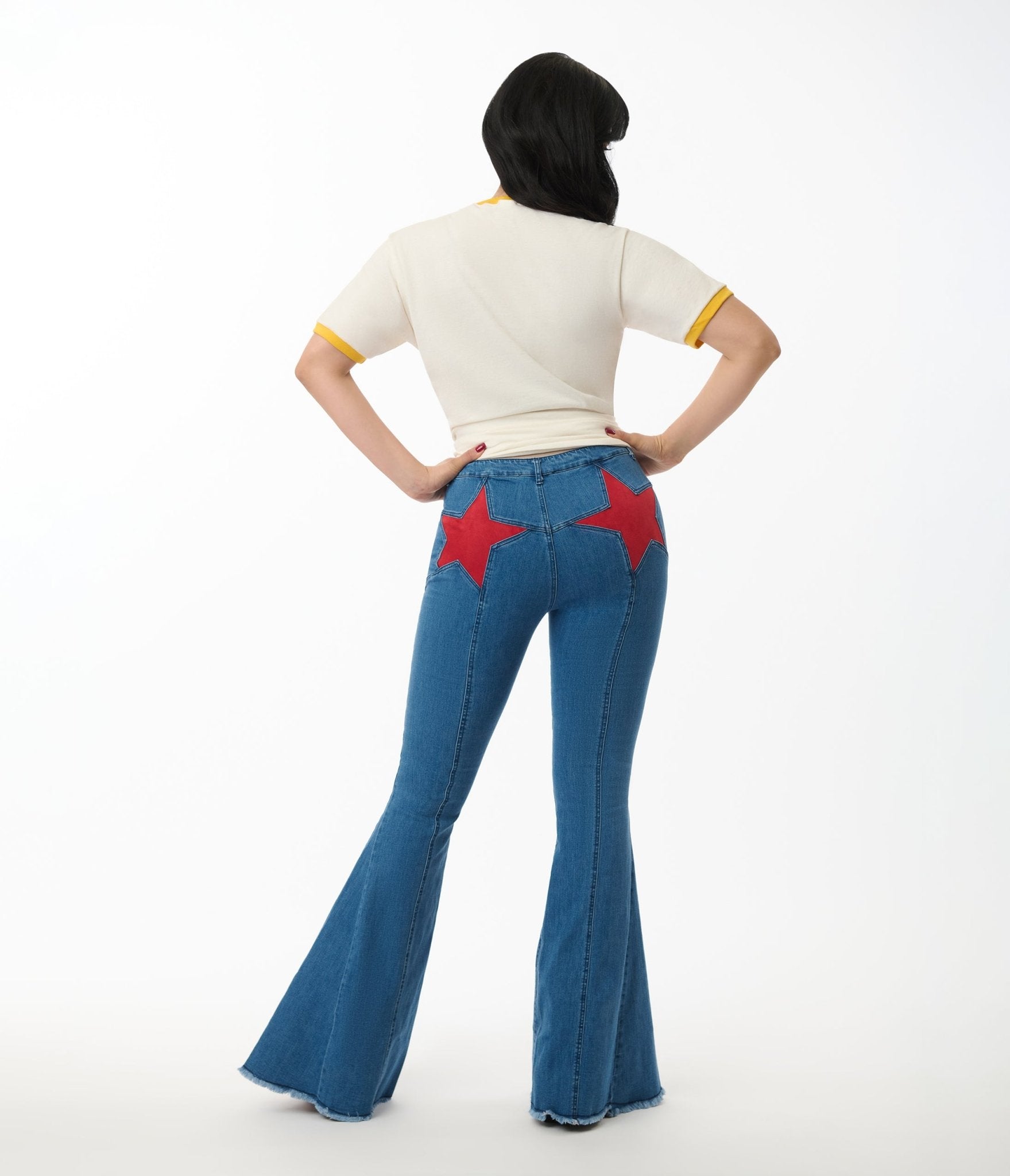 Denim & Red Suede Stars Flare Jeans - Unique Vintage - Womens, BOTTOMS, PANTS