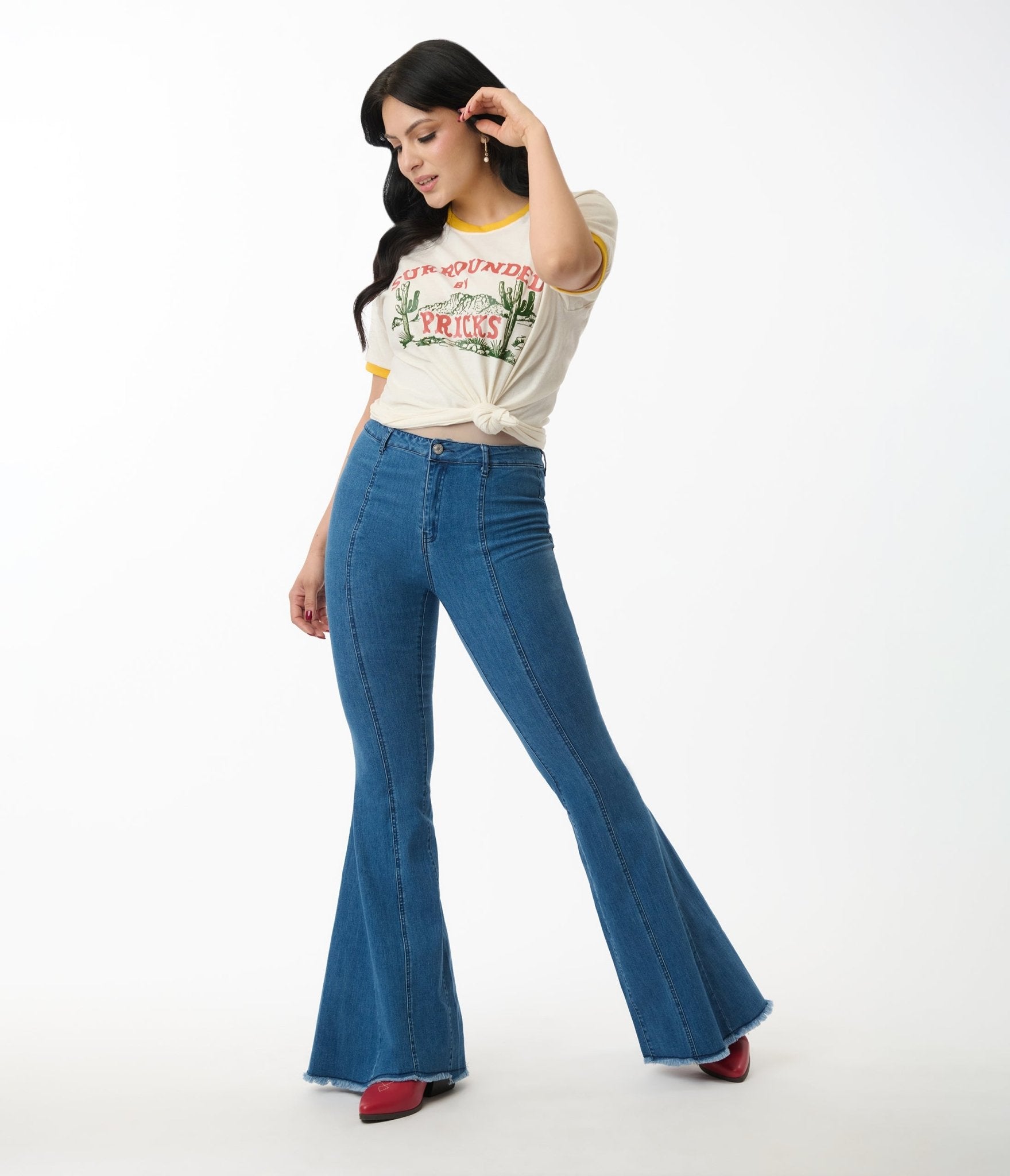 Denim & Red Suede Stars Flare Jeans - Unique Vintage - Womens, BOTTOMS, PANTS