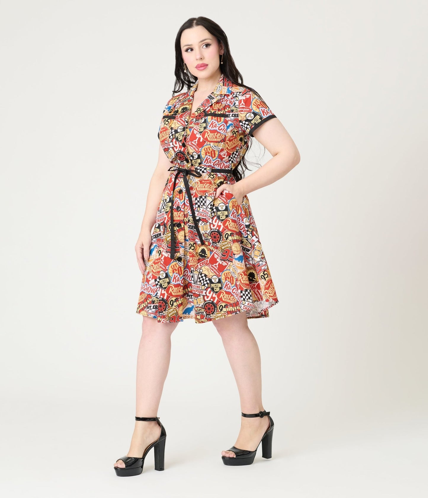Disney Pixar Cars Collection by Smak Parlour Cars Patches Cotton Fit & Flare Dress - Unique Vintage - Womens, DRESSES, FIT AND FLARE