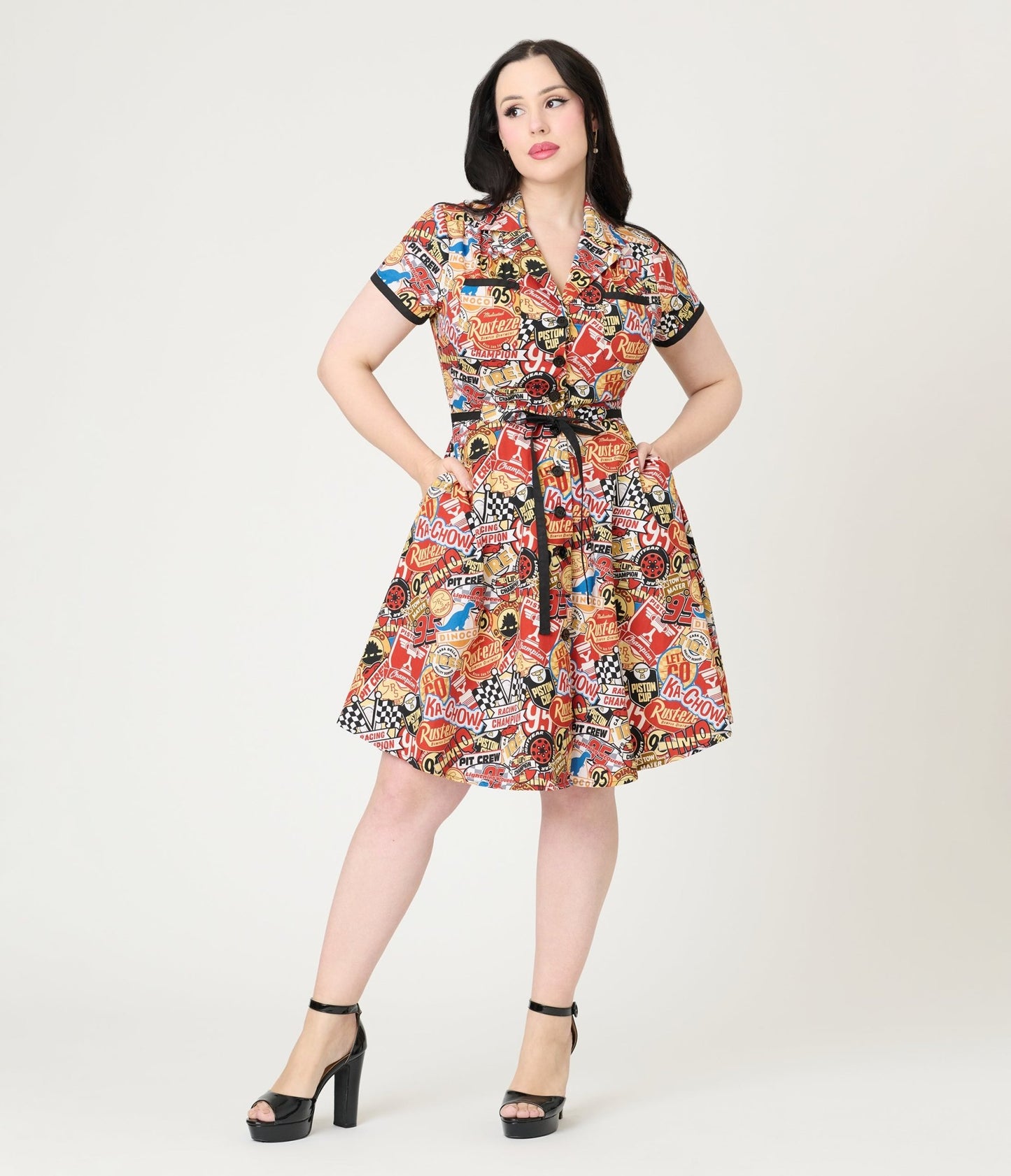 Disney Pixar Cars Collection by Smak Parlour Cars Patches Cotton Fit & Flare Dress - Unique Vintage - Womens, DRESSES, FIT AND FLARE