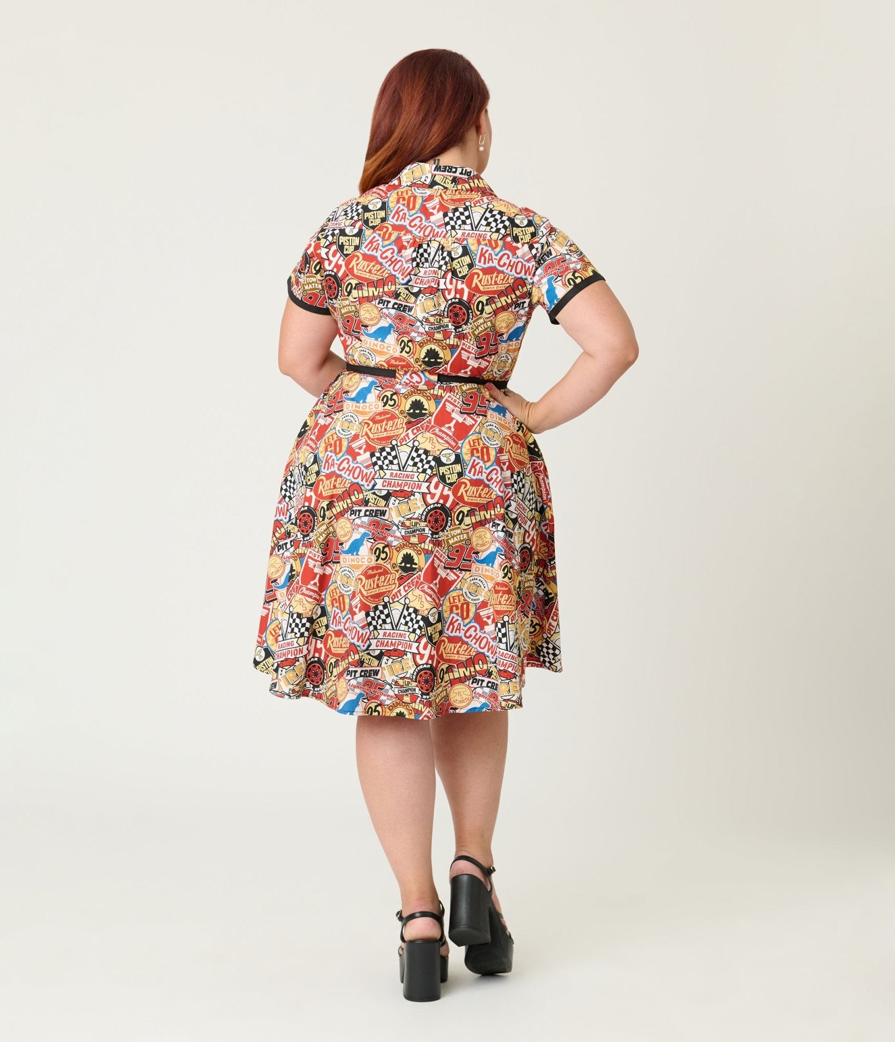 Disney Pixar Cars Collection by Smak Parlour Plus Size Cars Patches Cotton Fit & Flare Dress - Unique Vintage - Womens, DRESSES, FIT AND FLARE